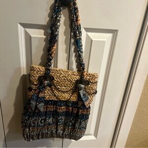 SunNSand‎ straw detail boho print twist rope handle shoulder bag